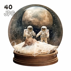 Astronauts Snow Globe Clipart - 40 High Quality JPGs - Digital Planner, Junk Journaling, Watercolor, Commercial Use, Digital Download, Mugs