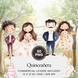 Clipart de fête de Quinceañera - 30 PNG - Planificateur numérique, journal de bord, utilisation commerciale, sublimation, scrapbooking, carte, autocollants, tasse, scène