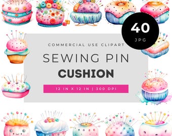 Pincushion Clipart, Watercolor Sewing Notions, Colorful Pin Cushion Pins Buttons, Craft Room Junk Journal, Seamstress Gift, Commercial Use