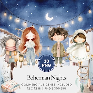 Bohemian Nights Clipart - 30 PNG - Digital Planner, Junk Journaling, Wall Art, Commercial Use, Sublimation, Scrapbooking, Cards, Stickers