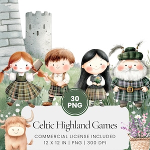 Puede incluir: Un conjunto de 30 ilustraciones digitales con temática escocesa. Las ilustraciones incluyen una niña con un vestido de cuadros, un niño con kilt, un hombre con kilt, una vaca de las tierras altas y un castillo. Las ilustraciones son perfectas para crear proyectos de scrapbooking digital, invitaciones, tarjetas y mucho más.