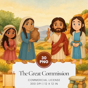Könnte beinhalten: Aquarellillustration mit vier Figuren in biblischer Kleidung. Das Bild enthält den Text "The Great Commission" und "30 PNG". Die Figuren stehen in einer Wüstenlandschaft mit einer Schriftrolle und einer Steinstruktur. Das Bild ist 30,48 x 30,48 cm groß.