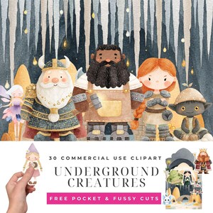 Underjordisk fantasy clipart-paket, gnom-dvärg PNG-illustrationer, mytiska karaktärer med skattgrottor, sagovarelsedesigner för nedladdning