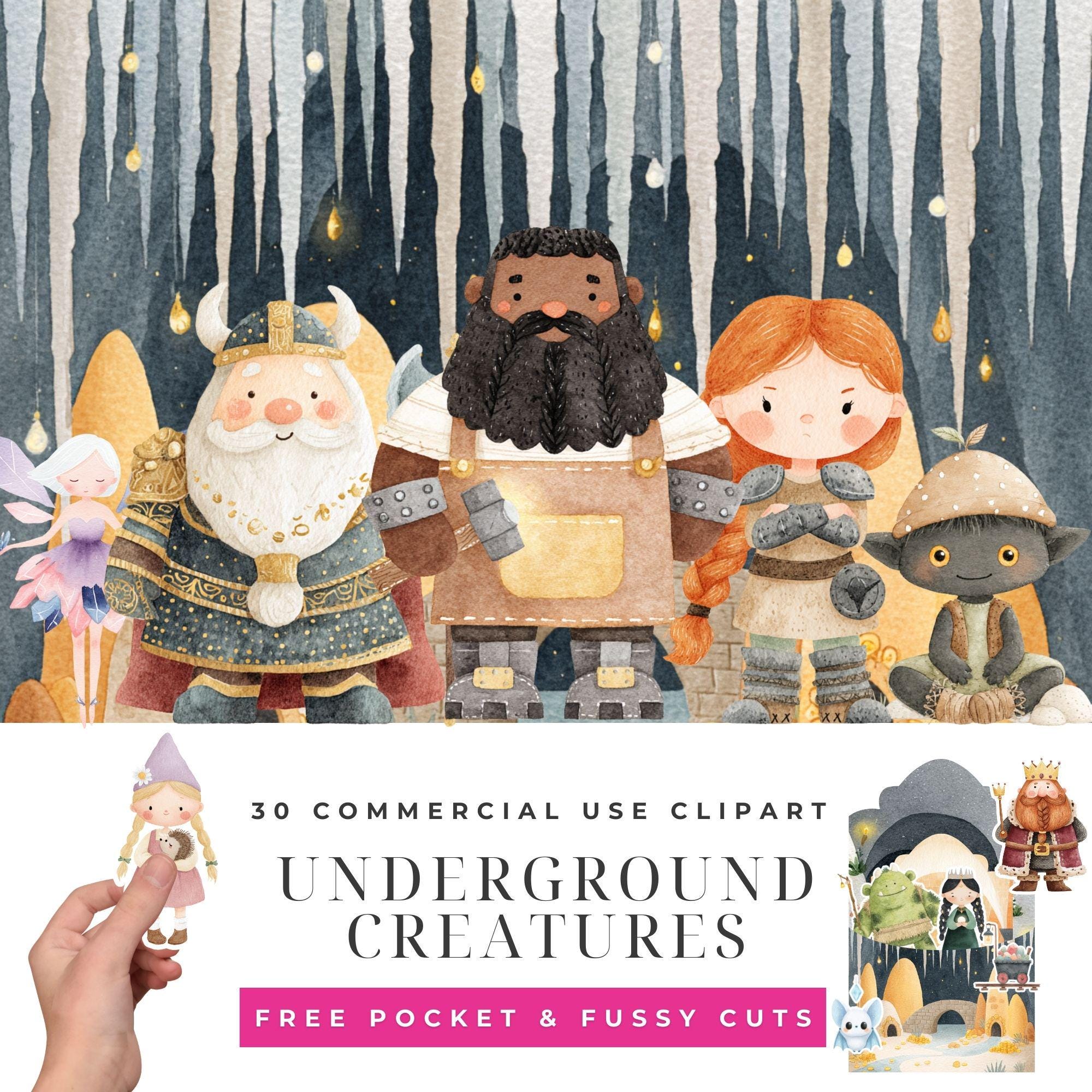 Underground Fantasy Clipart Bundle, Gnome Dwarf PNG Illustrations, Treasure Cave Mythical Characters, Fairytale Creature Designs Download
