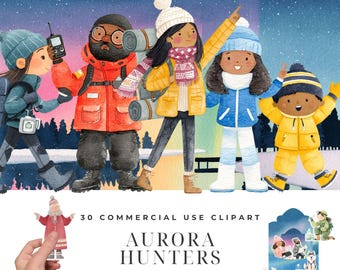 Aurora Hunters Clipart Bundle, Watercolor Northern Lights Illustrations, Arctic Scientist Traveller PNG, Aurora Borealis Designs Download