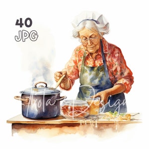 Oma Kochen Clipart - 40 hochwertige JPG - Digitaler Planer, Junk Journaling, Aquarell, Wandkunst, kommerzielle Nutzung, digitaler Download