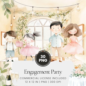 Puede incluir: Ilustración en acuarela con cuatro figuras de dibujos animados en una habitación decorada para una fiesta. El texto "Engagement Party" se muestra debajo de las figuras, junto con "30 PNG" en una insignia circular. La imagen mide 30,48 x 30,48 cm.
