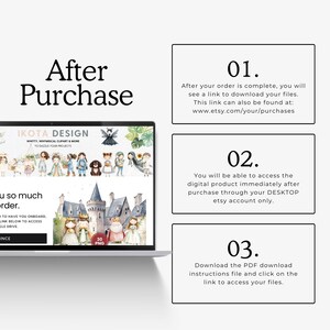 May include: A digital instruction graphic titled After Purchase featuring a laptop screen displaying Ikota Design watercolor illustrations of characters and a castle, alongside three numbered steps explaining the file download process.