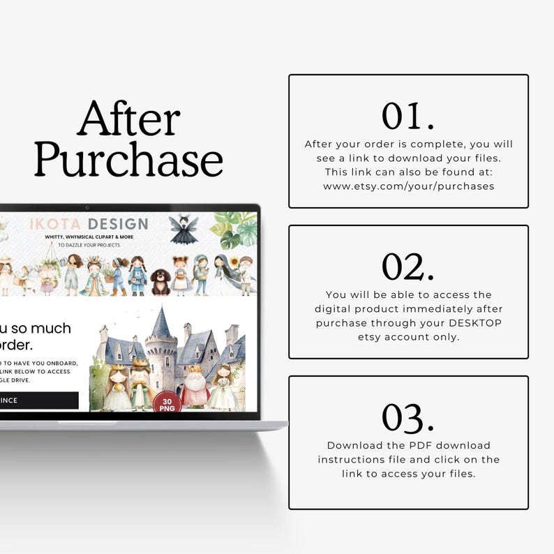 May include: A digital instruction graphic titled After Purchase featuring a laptop screen displaying Ikota Design watercolor illustrations of characters and a castle, alongside three numbered steps explaining the file download process.