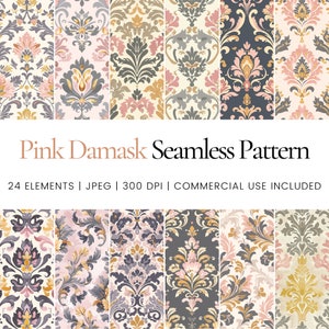 Puede incluir: Un conjunto de 24 patrones digitales sin costuras que presentan un diseño de damasco rosa. Los patrones están disponibles en una variedad de colores, incluyendo rosa, dorado, gris y blanco. Los patrones son perfectos para usar en scrapbooking, creación de tarjetas y otros proyectos de manualidades.