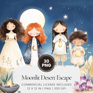 Maanverlichte woestijn ontsnapping clipart - 30 PNG - Digitale planner, junk journaling, commercieel gebruik, sublimatie, scrapbooking, kaarten, stickers, mokken