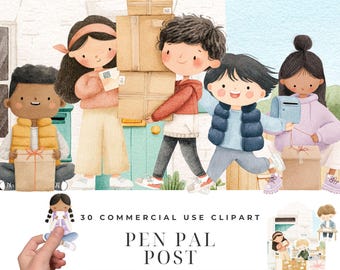 Pen Pal Post Clipart Bundle, Watercolor Children Letter Writing Illustrations, Wax Seal Parcel, Snail Mail Kids Characters Designs Download