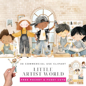 Puede incluir: Ilustración en acuarela que presenta a un grupo de niños en un estudio de arte. La imagen incluye el texto "30 Commercial Use Clipart" y "Little Artist World". Los niños visten monos y ropa informal, con materiales de arte visibles.