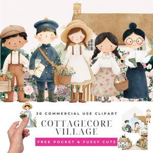 Puede incluir: Ilustración en acuarela de un pueblo cottagecore con cinco figuras. Las figuras incluyen un niño con una caja de zanahorias, un cartero, una niña con un sombrero para el sol, una niña con trenzas y una mujer con gafas. El texto dice "30 Commercial Use Clipart" y "Cottagecore Village".