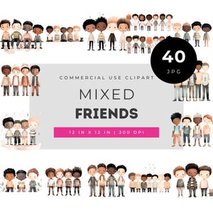 Mixed friends clipart bundle, diverse kids illustrations for crafts, multicultural children art set for cards, planners and scrapbooking