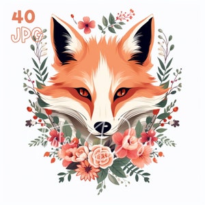 Flower Fox Clipart - 40 JPG de haute qualité - Planificateur numérique, Junk Journaling, Aquarelle, Utilisation commerciale, Téléchargement numérique