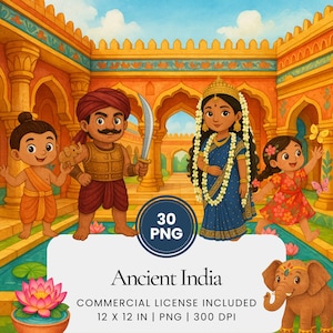 Pode incluir: Uma ilustração digital com personagens de desenho animado em trajes tradicionais contra um fundo de palácio indiano antigo. A imagem inclui o texto 30 PNG, Ancient India e Commercial License Included 12 x 12 in | PNG | 300 DPI.