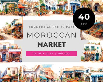 Moroccan Market Clipart, Watercolor Souk and Bazaar Street Scenes, Morocco Travel Illustrations, Medina Shop Fronts, Commercial Use