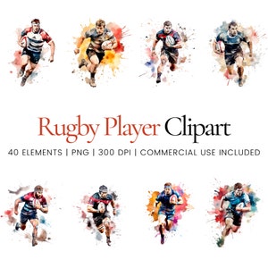 Clipart de jogador de rugby - 40 PNGs de alta qualidade - planejador digital, registro de lixo eletrônico, aquarela, uso comercial, download digital
