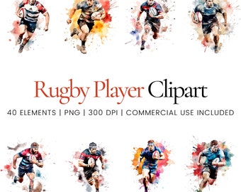 Rugby Player Clipart - 40 High Quality PNGs - Digital Planner, Junk Journaling, Watercolor, Commercial Use, Digital Download