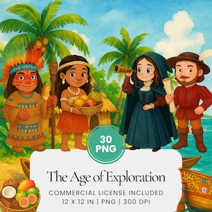 Könnte beinhalten: Eine farbenfrohe Illustration, die das Zeitalter der Entdeckungen darstellt. Das Bild zeigt vier Cartoonfiguren, Palmen und ein kleines Boot. Der Text auf dem Bild lautet "The Age of Exploration" und "12 x 12 in | PNG | 300 DPI".