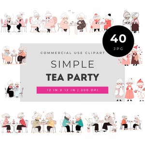 Simple tea party grandma clipart bundle for crafting, cute senior ladies drinking tea illustrations for scrapbooking, printable kawaii set