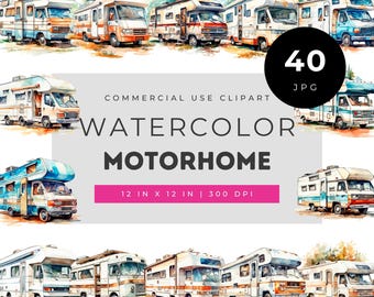 Watercolor motorhome clipart set, RV camper van illustrations for planners and crafts, road trip art for scrapbooking, 40 JPG images