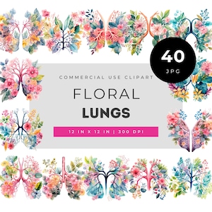花の肺のクリップアートセット、咲き誇る呼吸器官の芸術、水彩画の器官の花、美しい医療の植物解剖学PNGイラスト