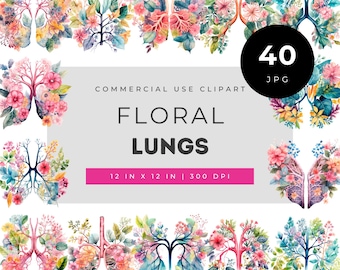Floral Lungs Clipart Set, botanical anatomy PNG illustrations with blooming respiratory art, watercolor organ flowers and aesthetic medical