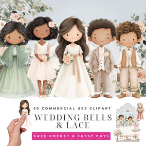 Puede incluir: Conjunto de imágenes prediseñadas de acuarela con ilustraciones de temática nupcial. El conjunto incluye novias con vestidos blancos y rosas, novios con trajes y detalles florales. El texto dice "Wedding Bells & Lace" y "Free Pocket & Fussy Cuts".