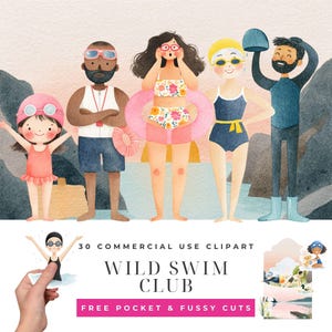 Puede incluir: Un conjunto de ilustraciones digitales titulado Wild Swim Club que muestra a cinco personajes diversos en traje de baño, con gorros de natación, gafas y un flotador rosa. La colección incluye 30 imágenes prediseñadas, pocket cuts y fussy cuts.