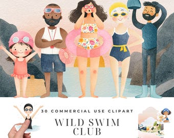 Wild Swimming Club Clipart Bundle, Watercolor Open Water Swimmer Illustrations, Dawn Lake River, Cold Water Swim Characters Designs Download
