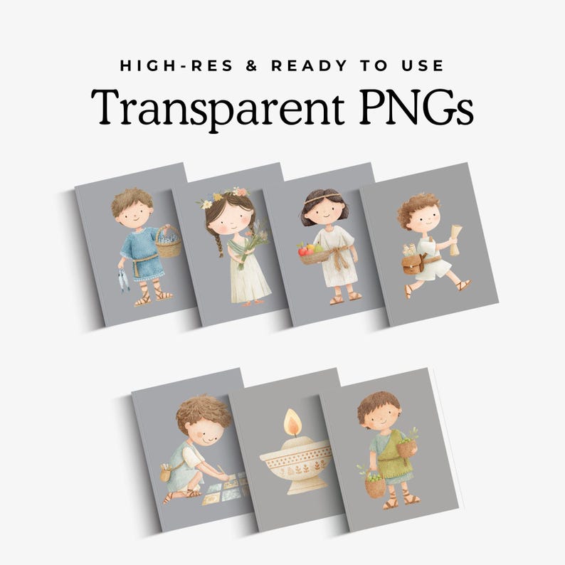 May include: A collection of seven digital illustrations featuring children in ancient-style tunics and sandals, alongside an oil lamp. The text reads HIGH-RES & READY TO USE Transparent PNGs. The characters hold items like baskets, scrolls, and flowers.