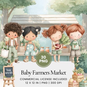 Baby Farmers Market Clipart Bundle, pastelkleurige aquarel baby-winkelwagen PNG's, fruit- en groente-illustraties voor peuters, kunst van kwekerijproducten