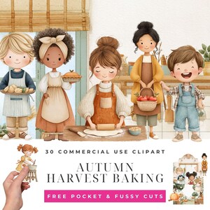 Könnte beinhalten: Aquarellillustration von Kindern beim Backen. Das Bild zeigt Kinder in Schürzen, einige halten Backwaren, rollen Teig aus und tragen einen Korb mit Äpfeln. Der Text lautet "Autumn Harvest Baking" und "30 Commercial Use Clipart."