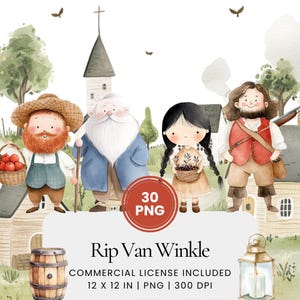 Rip Van Winkle Clipart - 30 PNG - Digital Planner, Junk Journaling, Stickers, Commercial Use, Sublimation, Scrapbooking, Cards, Bookish
