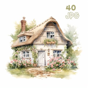 Country Cottage Clipart - 40 hoge kwaliteit JPG's - Digitale Planner, Junk Journaling, Aquarel, Commercieel Gebruik, Digitale Download, Muurkunst