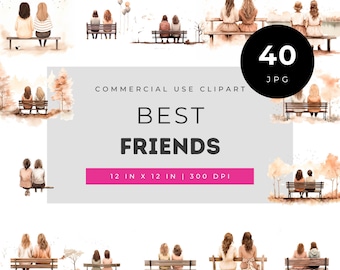 Best Friends Clipart, Watercolor Girls on Bench JPG, Aesthetic Bestie Friendship Art, BFF Gift Sublimation, Boho Wall Decor, Commercial Use