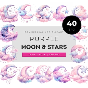 Set di clipart acquerello con luna e stelle viola, pacchetto di nuvole celestiali pastello, elementi artistici da parete per cameretta dei bambini, grafica kawaii boho con luna