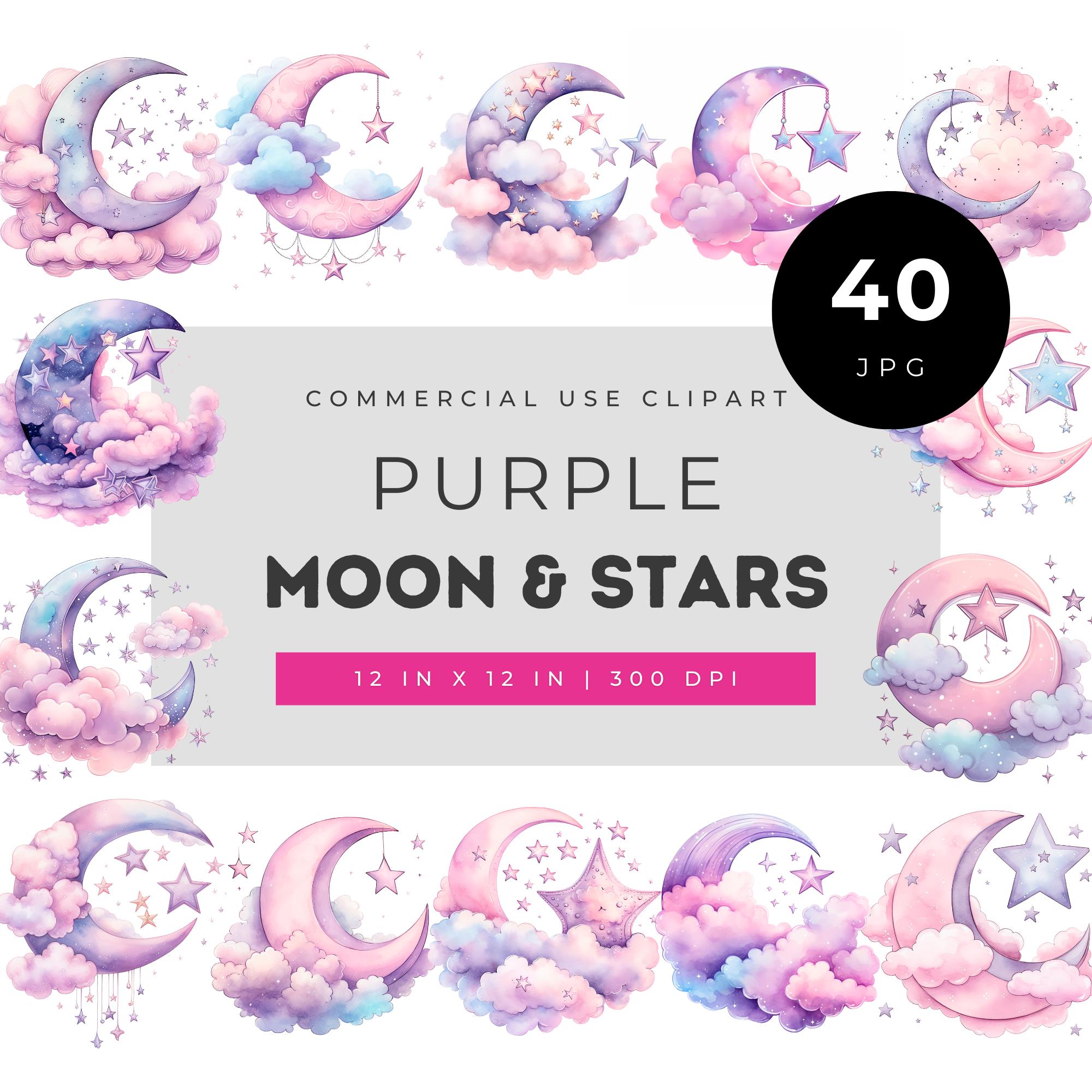 Purple Moon and Stars Watercolor Clipart Set, Pastel Celestial