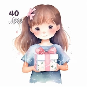 ギフトを持つ少女のクリップアート - 40 枚の高品質 JPG - デジタル プランナー、ジャンク ジャーナリング、水彩、ウォール アート、商用利用、デジタル ダウンロード