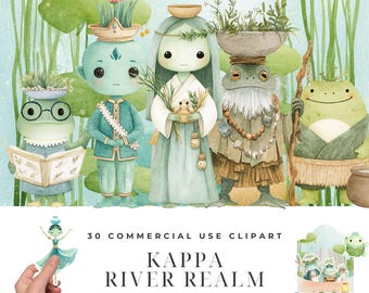 Kappa River Realm Clipart Bundle, Watercolor Japanese Water Spirit Illustrations, Lily Pad Village PNG, Fantasy River Designs Download