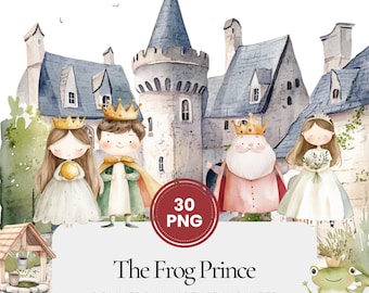 The Frog Prince clipart, watercolor fairytale PNG bundle with frog, princess and castle, enchanted story illustration set for crafts & decor