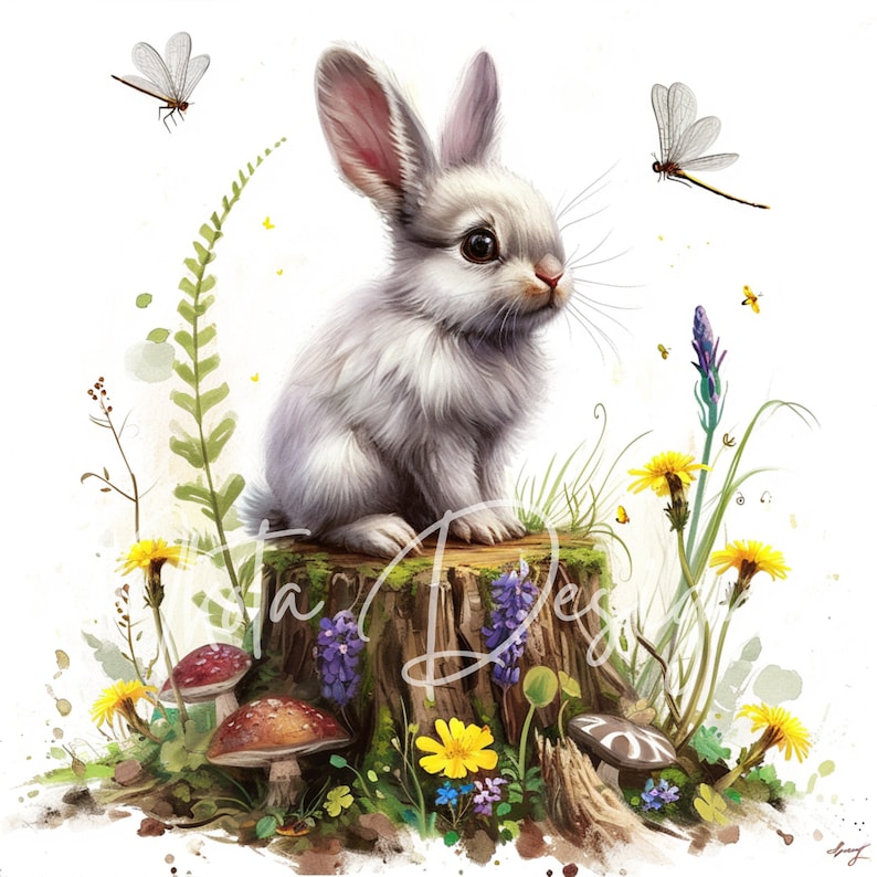 Tree Stump Rabbit Bunny Tree Stump Watercolor Clipart, Woodland Rabbit Illustration ...