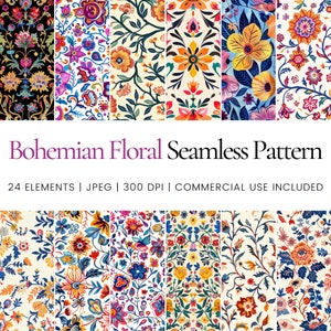 Puede incluir: Un conjunto de 24 patrones digitales sin costuras con diseños florales bohemios coloridos. Los patrones son perfectos para crear proyectos únicos y elegantes.