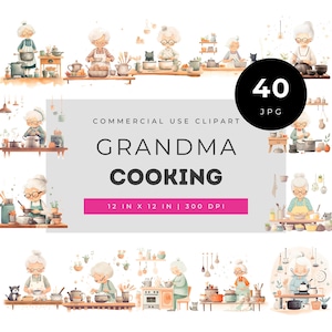 Grandma cooking clipart set cute elderly chef illustrations kitchen scenes baking characters for crafting scrapbooking design project bundle