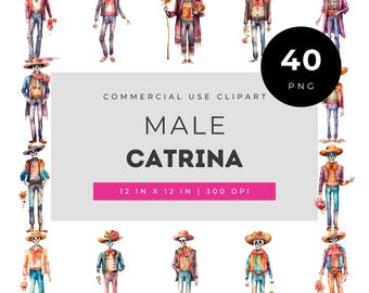 Ensemble d'illustrations de squelette masculin, style mexicain (Dia de los Muertos), aquarelles pour invitations, loisirs créatifs, décoration et design numérique.