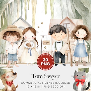 Adventures of Tom Sawyer Clipart - 30 PNG - Digital Planner, Junk Journaling, Wall Art, Commercial Use, Sublimation, Scrapbooking, Cards