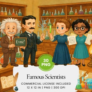 Könnte beinhalten: Illustration von vier berühmten Wissenschaftlern: Einstein, Tesla, Marie Curie und einem weiteren Wissenschaftler. Das Bild enthält den Text "Famous Scientists" und "30 PNG". Die Wissenschaftler sind von Laborgeräten umgeben.