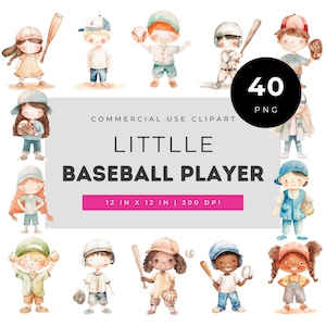 Little baseball player watercolor clipart bundle, cute sporty boy and girl png set, vintage bat glove art for invitations, party & nursery